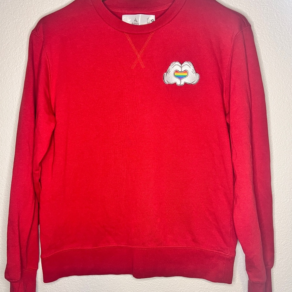 Disney‎ Sweatshirt Small Red Rainbow Heart Mickey Hands Pride Crewneck Pullover